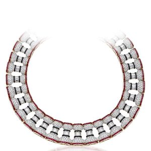 1980s La Colonna Romana necklace with square-cut rubies, baguette diamonds, and onyx in 18k yellow and white gold