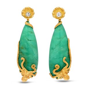 Octopus Earrings with chrysoprase and white sapphires in 18k gold and silver