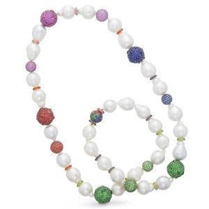 Baroque Australian South Sea pearl strand with sapphire, garnet, and tourmaline by Margot McKinney, as featured on JCK’s September–October cover