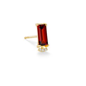 Small Single Baguette Garnet Stud with curved diamond pave diamond bar