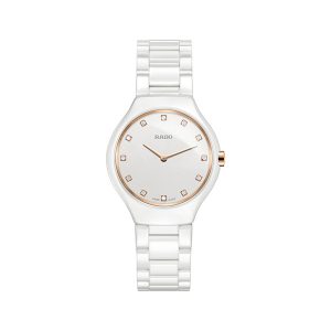 Rado True Thinline watch in rose gold and white ceramic and diamonds