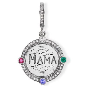 Dear Mama silver acrostic with diamonds emerald amethyst ruby