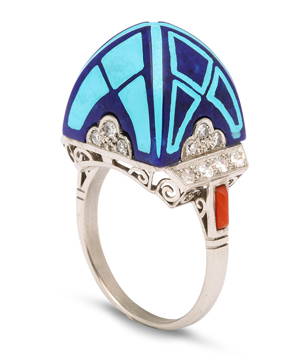 A La Vieille Russie lapis and turquoise enamel rIng