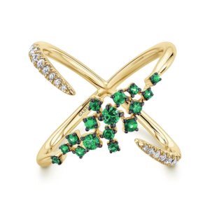 Gabriel modern scattered emerald diamond ring