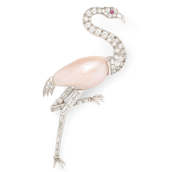 A La Vieille Russie Diamond and Mississippi River pearl flamingo pin
