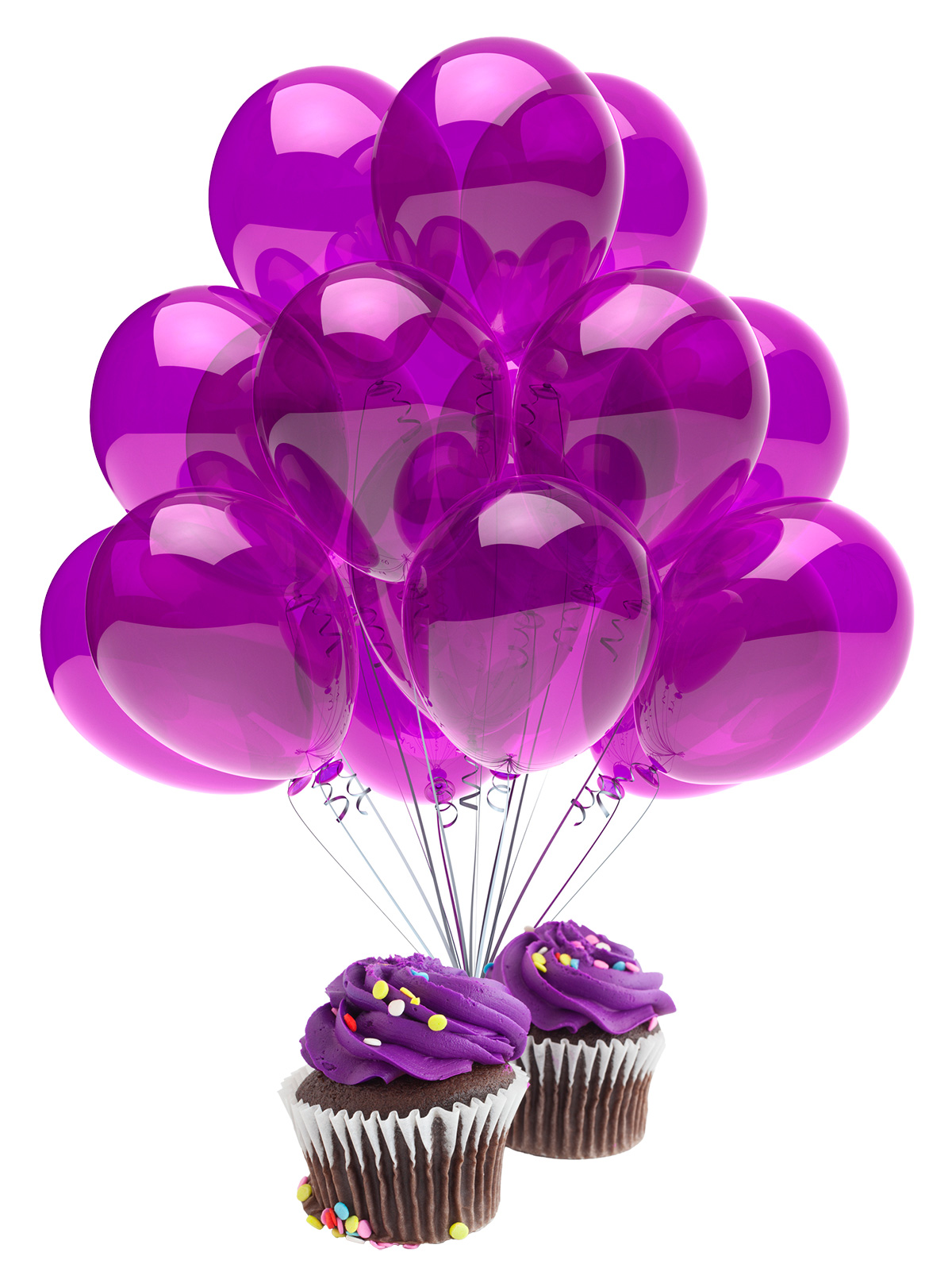 purple balloons and cupcakes