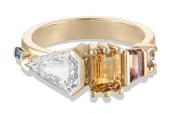 Bario Neal Fusion Shield Cut Diamond and Apricot Sapphire ring