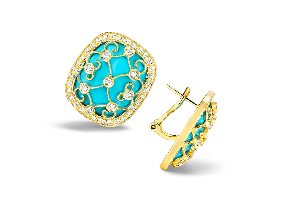 JCA 2024 Dabakarov turquoise gold button earrings