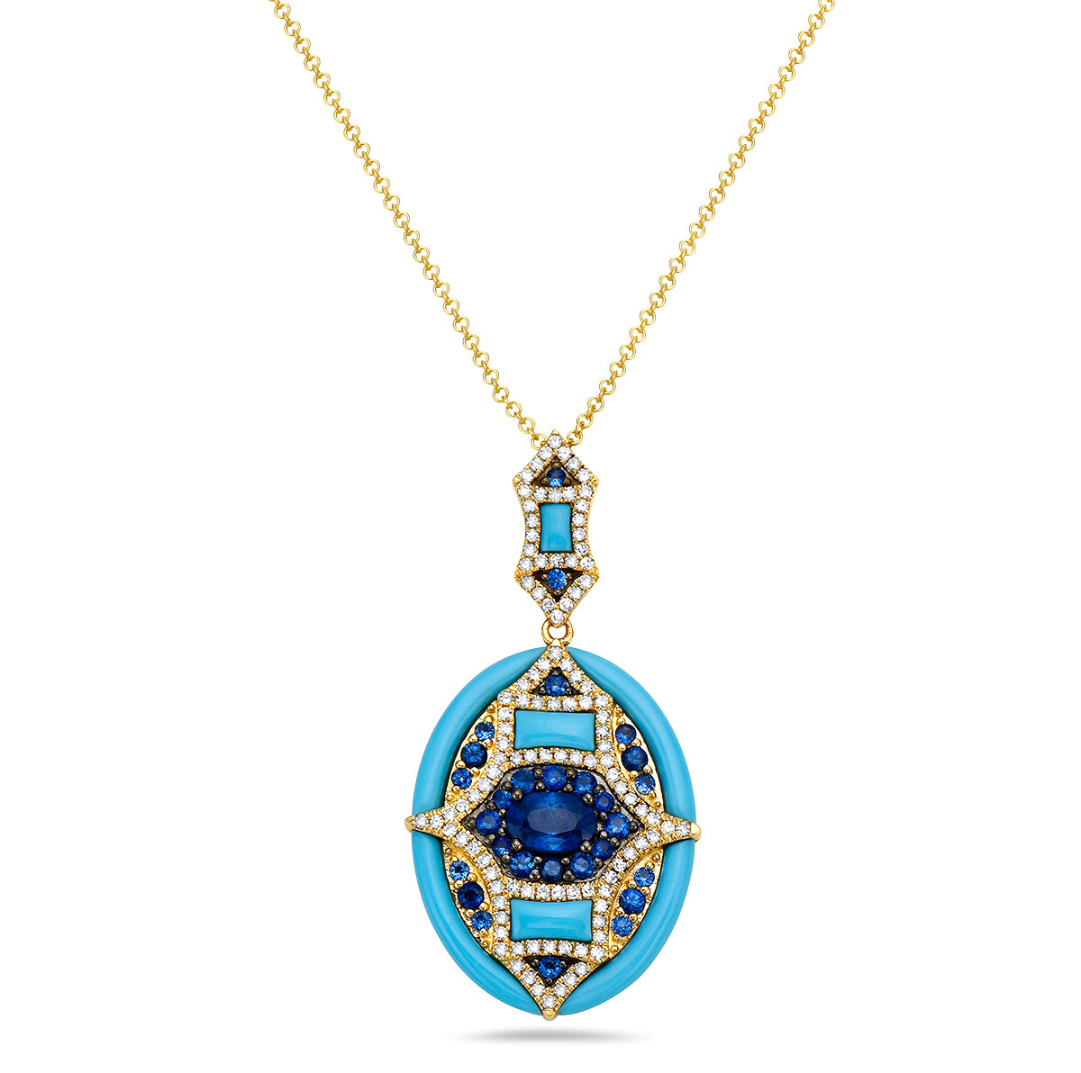 JCA 2024 Shula NY turquoise sapphire diamond oval necklace