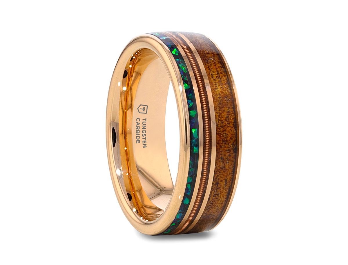 JCA 2024 Thorsten moana tungsten ring with hawaiian koa wood abalone and guitar string