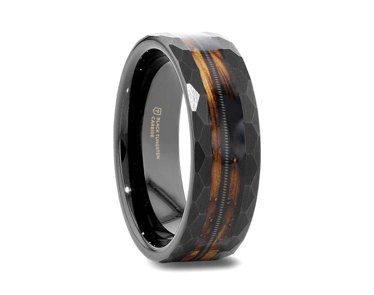 JCA 2024 Thorsten riff black tungsten ring with whiskey barrel and guitar string