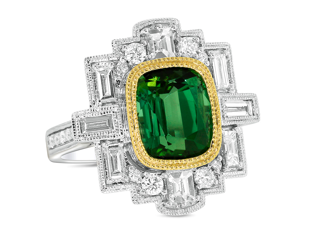 JCA 2024 Yael modern deco green tourmaline diamond baguette ring