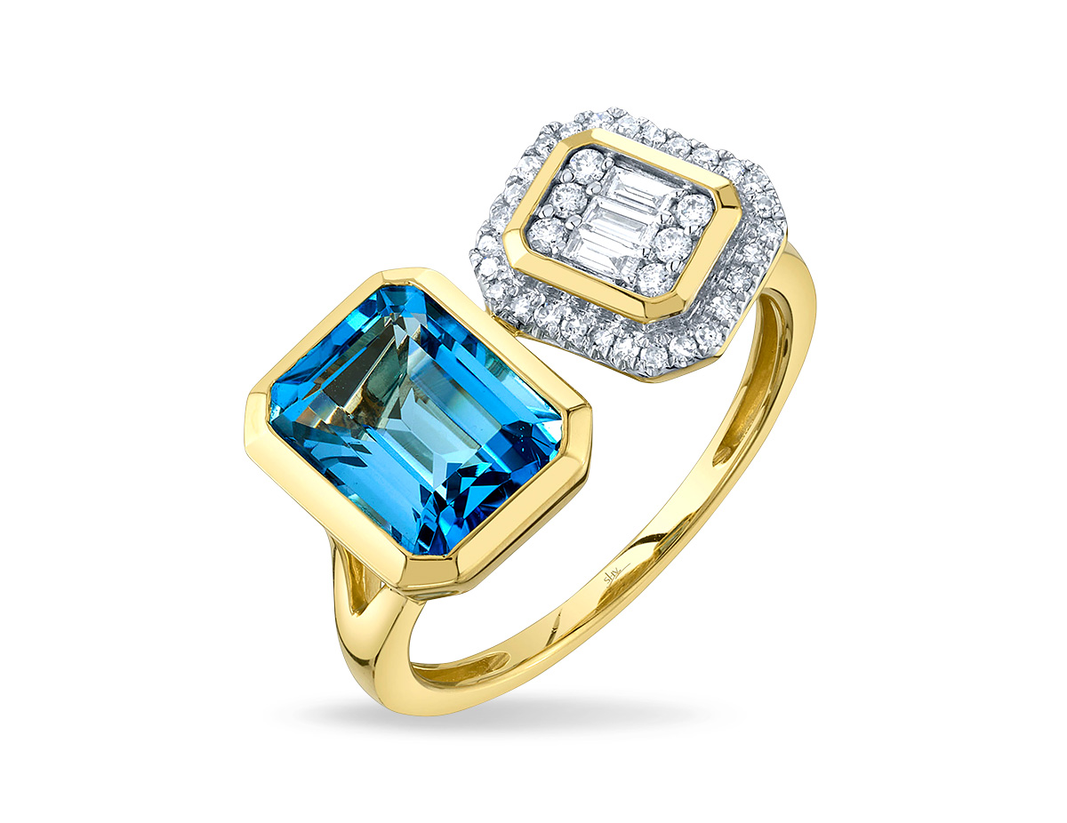 JCA 2024 Shy bezel set blue topaz diamond ring