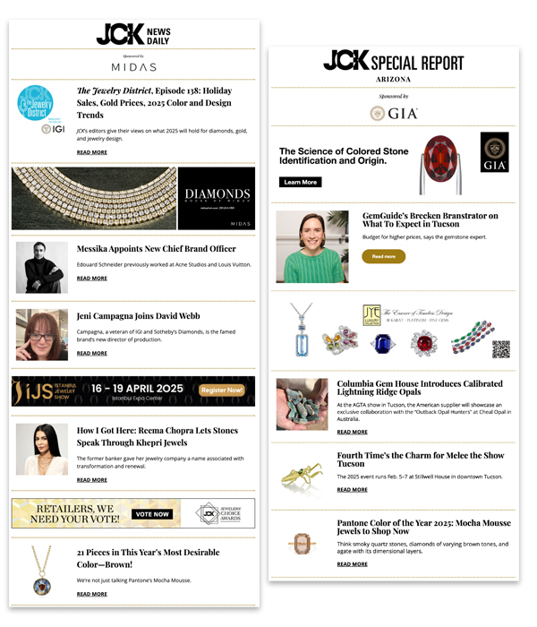 Two examples of JCK newsletters side-by-side: the JCK News Daily and the JCK Special Report.