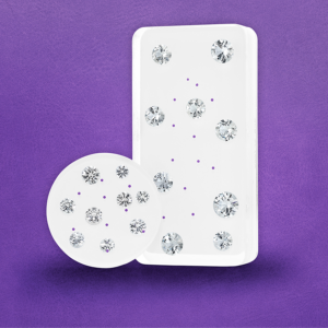 Outline of a smartphone and circular jewelry box filled with diamonds and purple dots on a purple background.